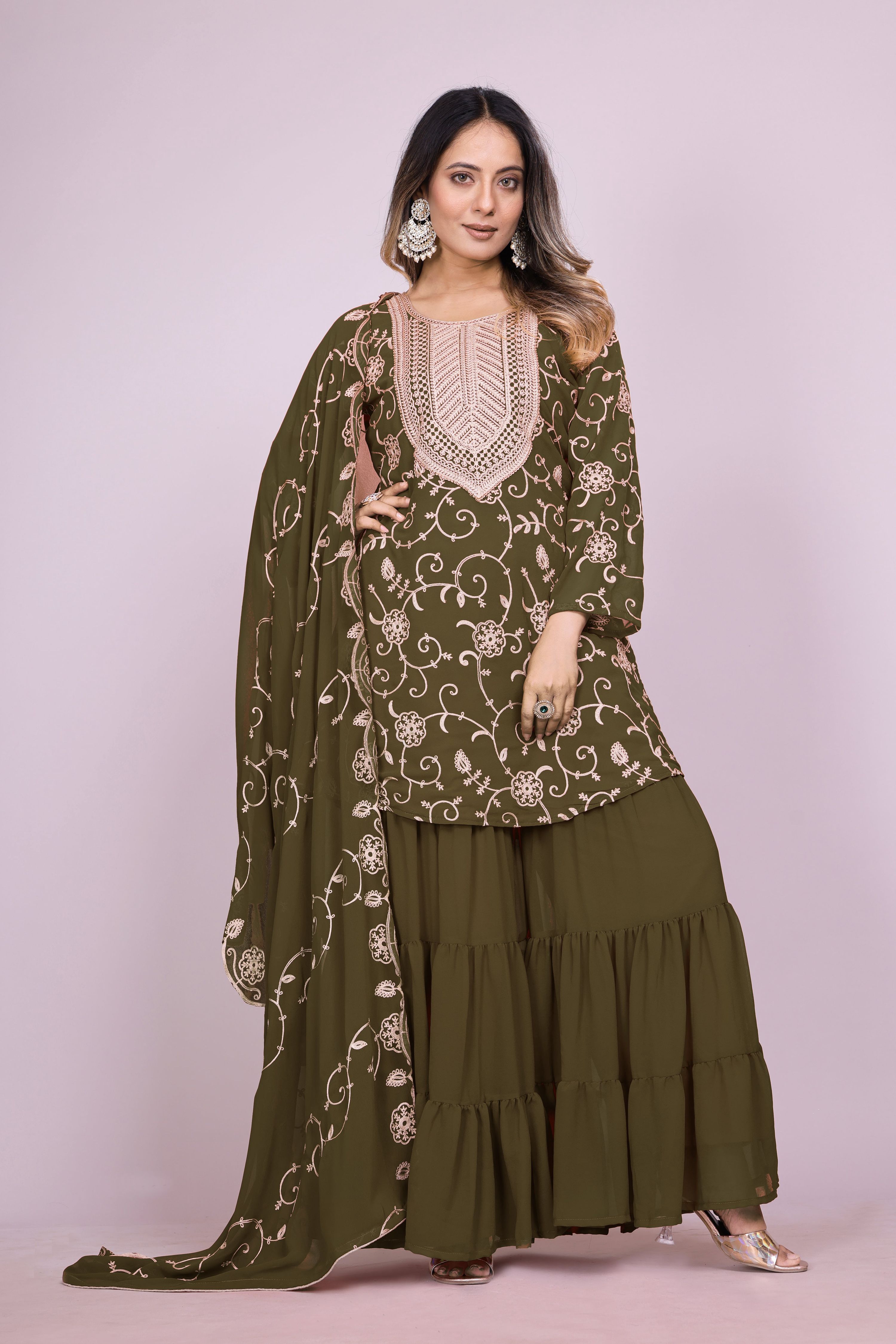 Lehenga Mart Designer Sharara Suit for women - Olive - Distacart