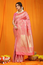 Jyoti Fashion Women's Pink Kanjivaram Silk Zari Woven Saree with Blouse - Distacart