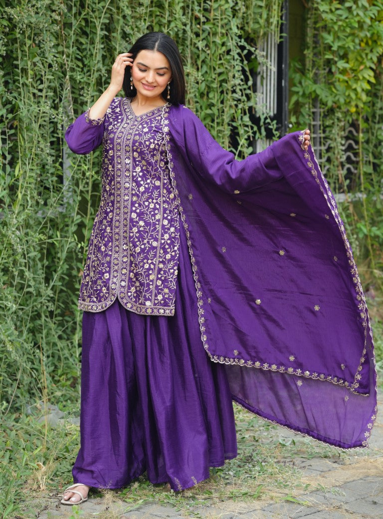 Lehenga Mart Designer Chinon Sharara Suit With Sequence Embroidered Work - Blue - Distacart