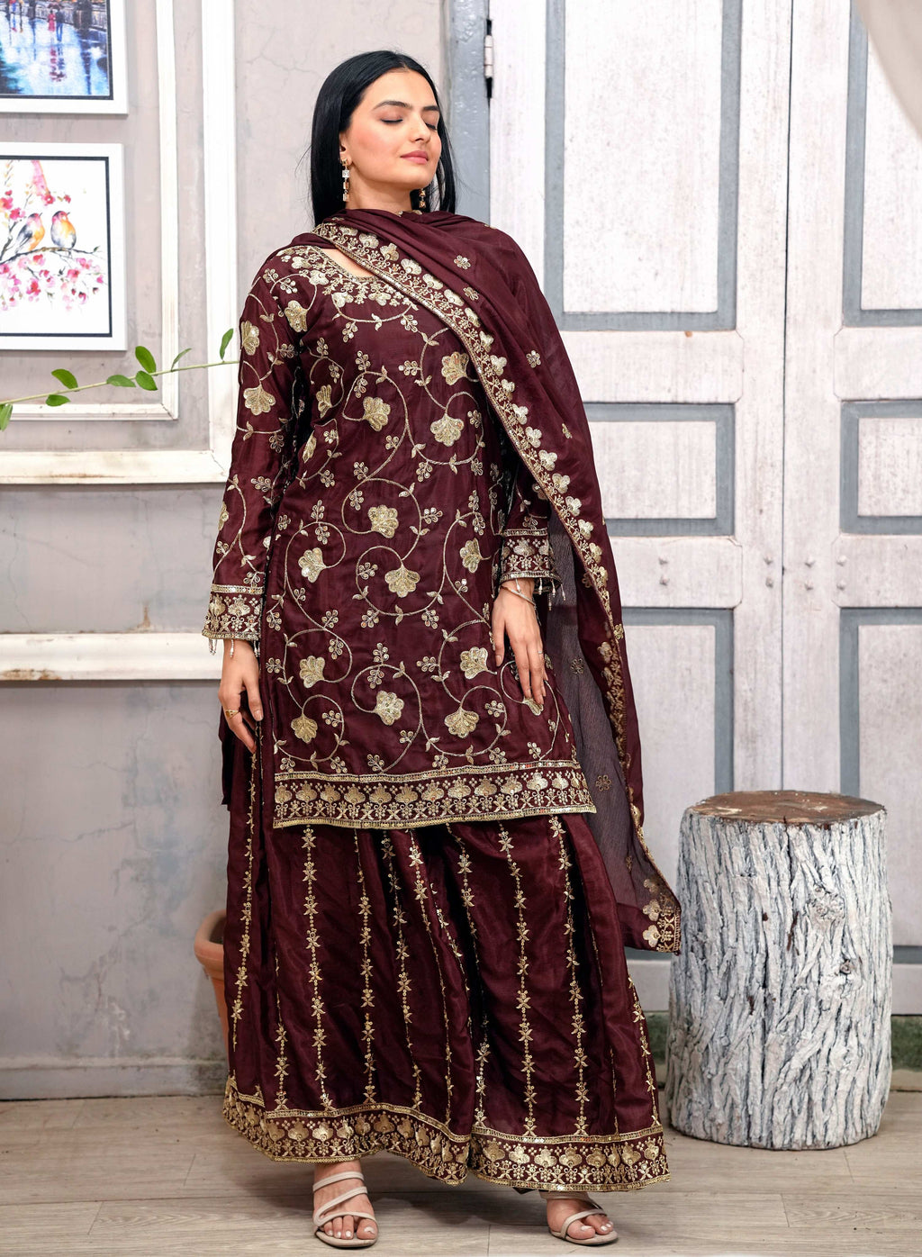 Lehenga Mart Designer Chinon Sharara Suit With Sequence Embroidered Work - Brown - Distacart