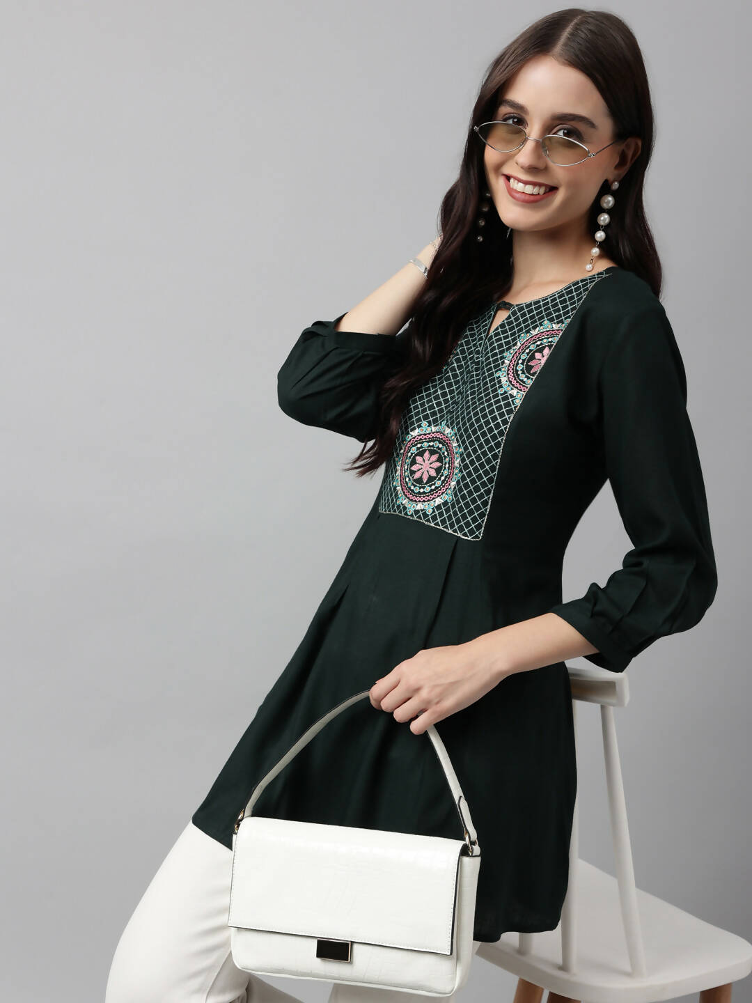 Green Rayon Yoke Embroidered A-line Top - Tarini