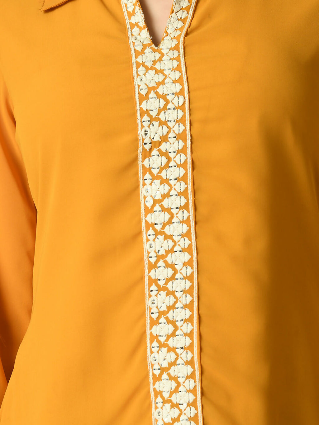 Myshka Women's Mustard Embroidered Party Fusion Top