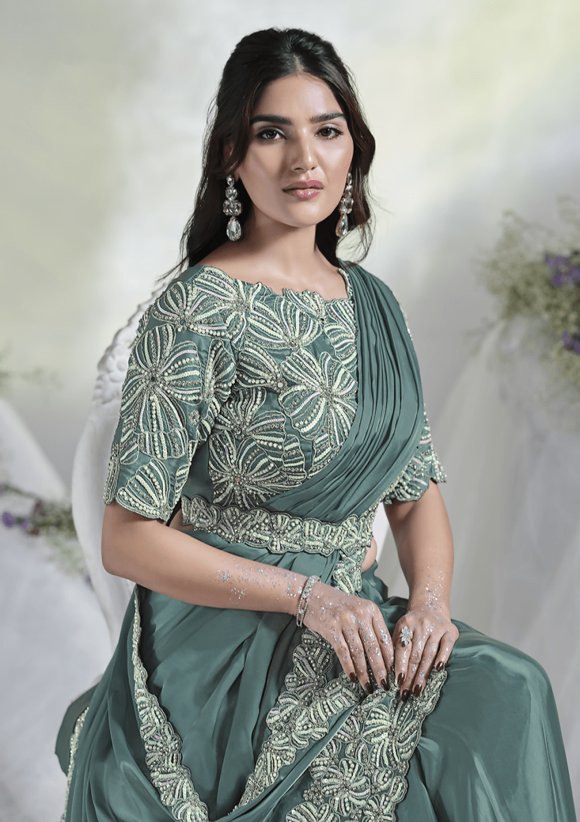 Aqua Blue Crepe Satin Silk Designer Ready to wear saree with stithced Blouse - Mohmanthan Aura