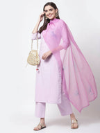 Myshka Light Purple Cotton Solid 3/4 Sleeve Round Neck Casual Kurta Pant Dupatta Set
