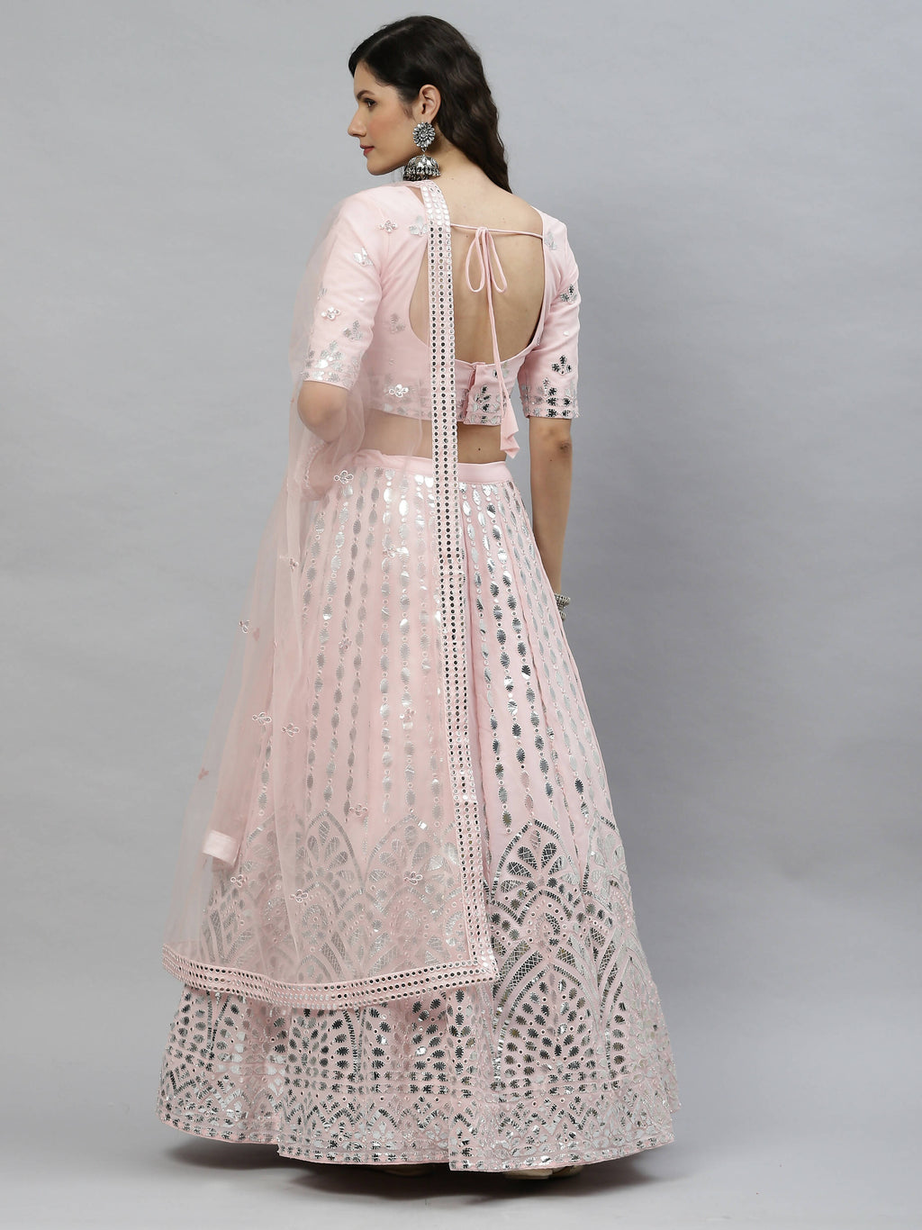 Pink Georgette Paper Mirror Embroidery Work Lehenga Choli with Dupatta - Jivika