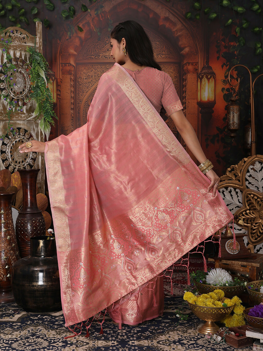 Shree Shyam Fashion Organza Pink Saree - Distacart