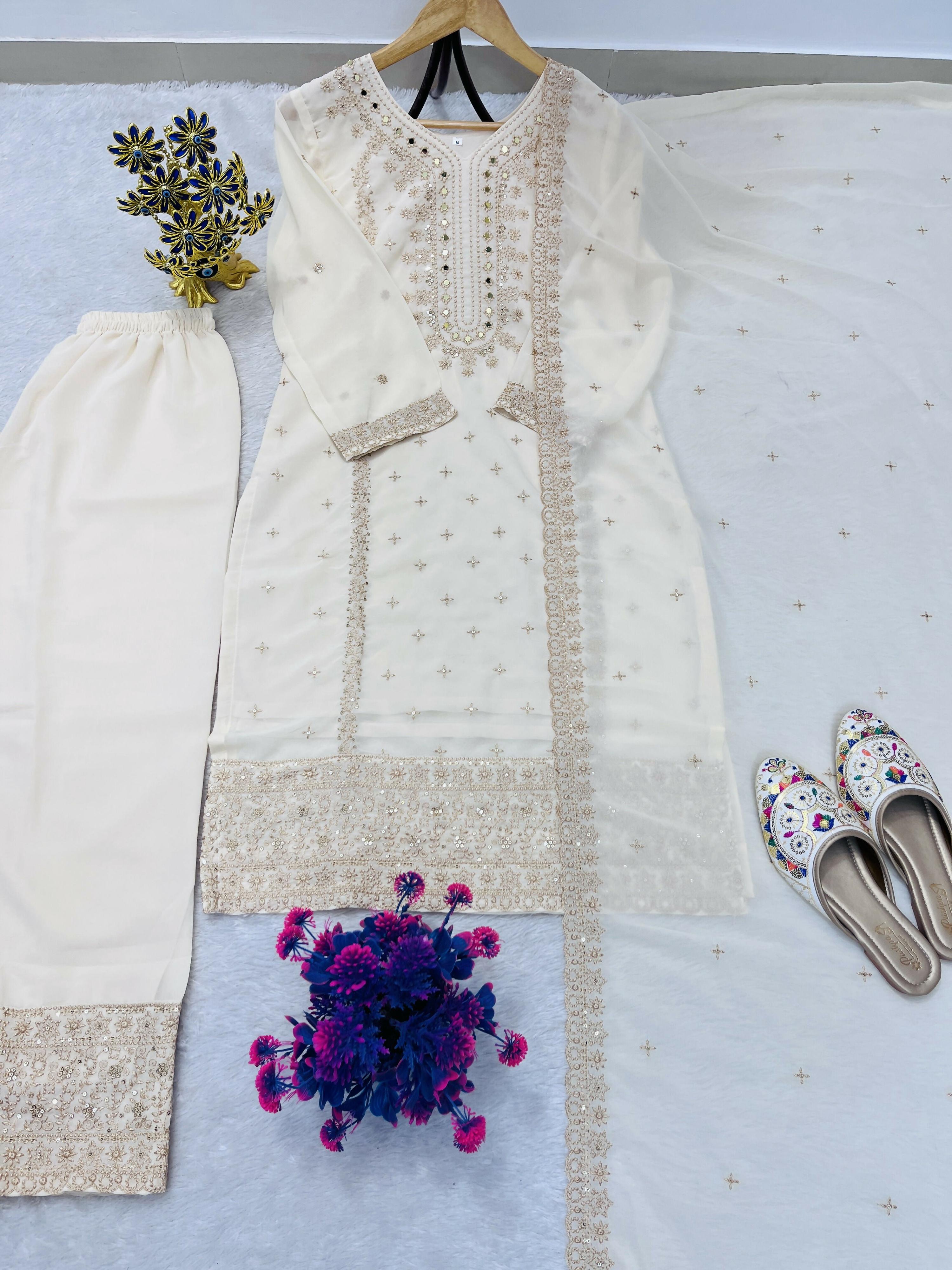 Teeya Creation White Color Faux Georgette Embroidery Work Party Wear Salwar Suit - Distacart