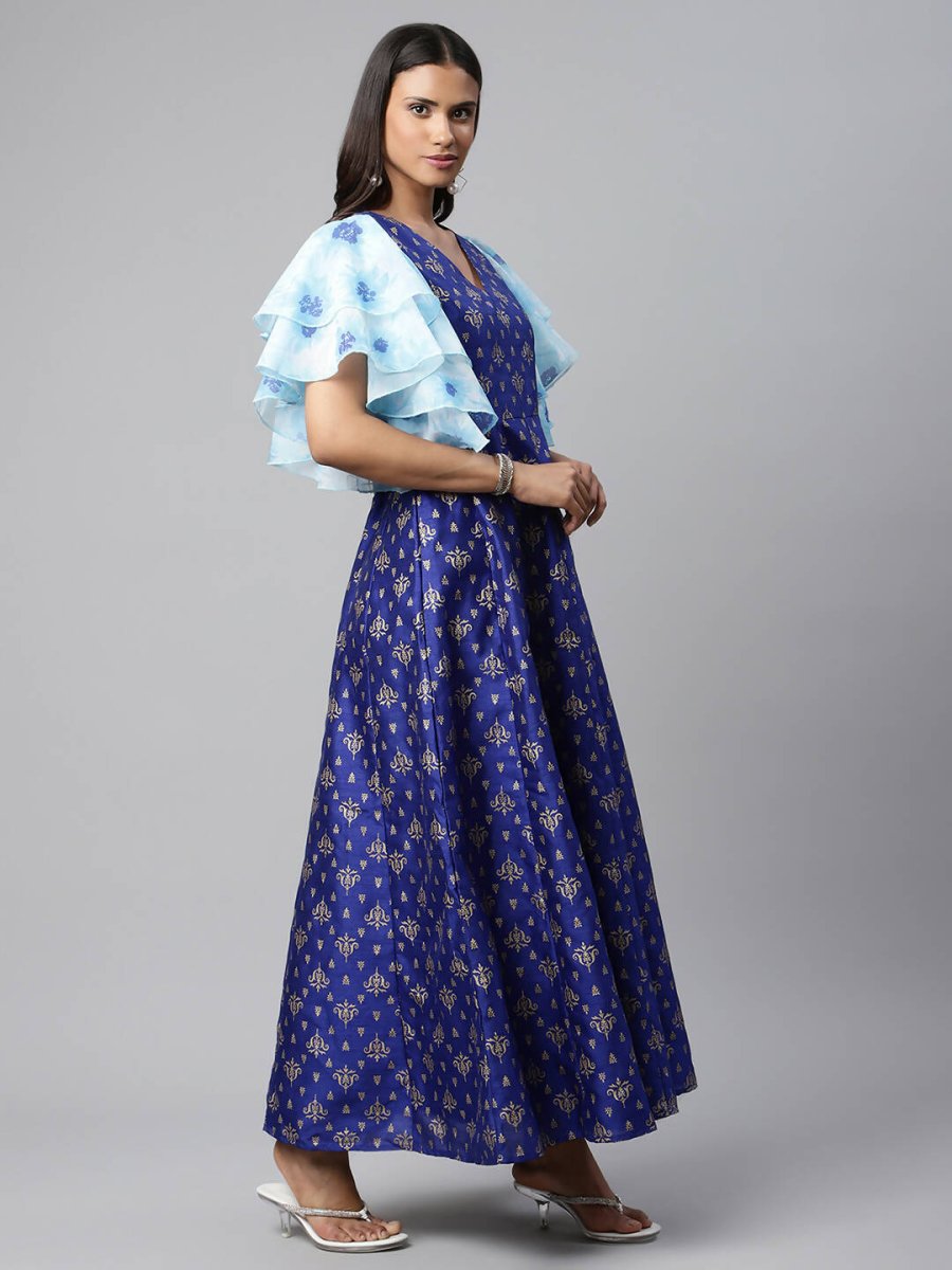 Ahalyaa Women Royal Blue Poly Silk Gold Paste Printed Dress - Distacart