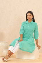 Juniper Womens Blush Turquoise Cotton Slub Solid Mid Length Shirt Dress With Lace Detailing - Distacart