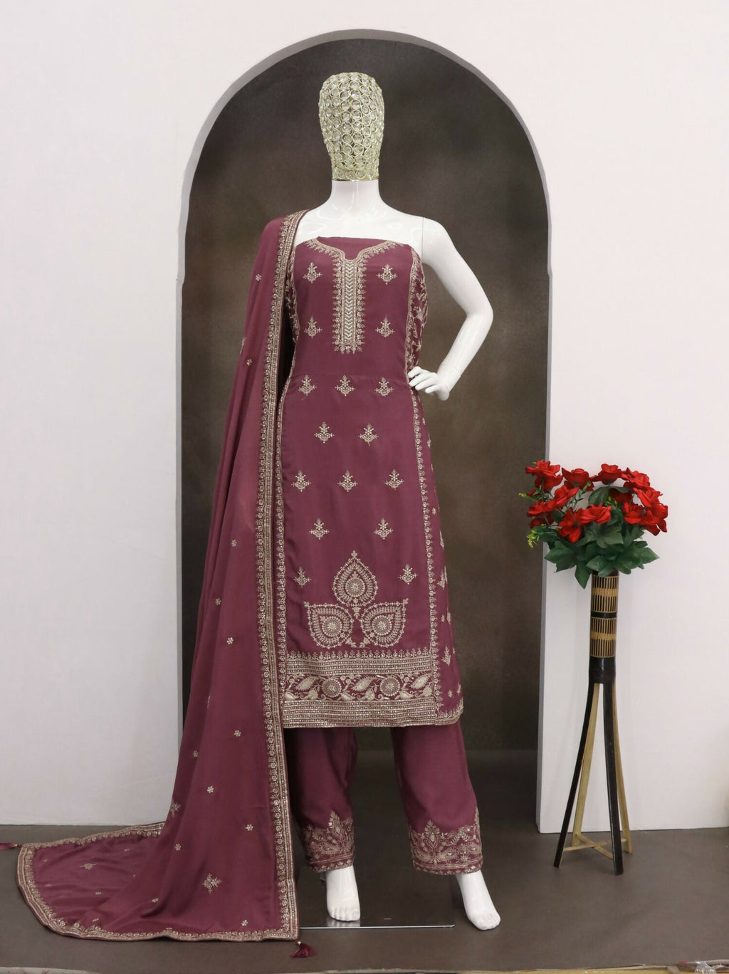 Anaita Purple Chinon Silk Stitched Suit with Embroidery & Sequence Work - Distacart