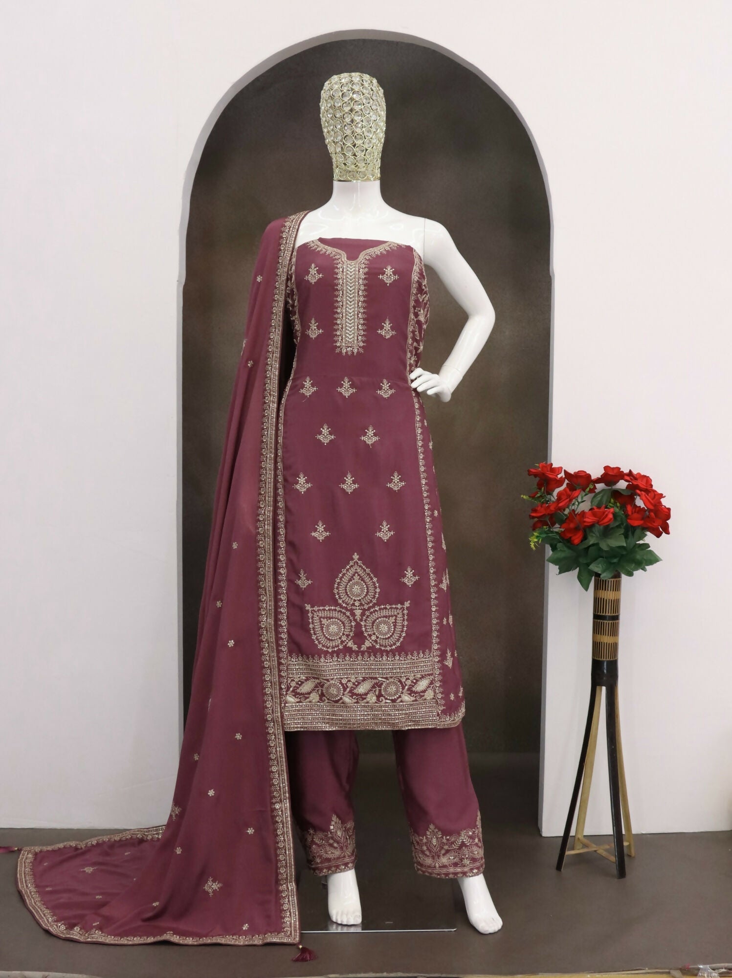 Anaita Purple Chinon Silk Stitched Suit with Embroidery & Sequence Work - Distacart