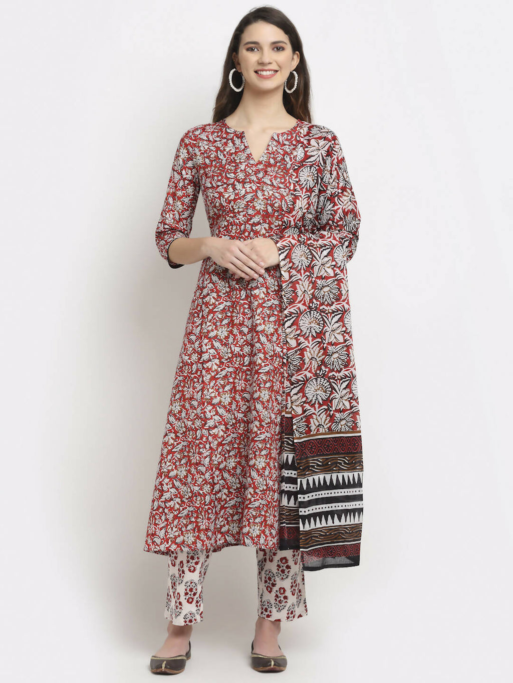 Rudra Bazaar Leaf Printed Anarkali Red Suit Set With Dupatta - Distacart