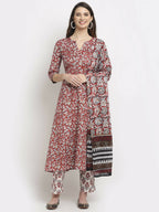 Rudra Bazaar Leaf Printed Anarkali Red Suit Set With Dupatta - Distacart