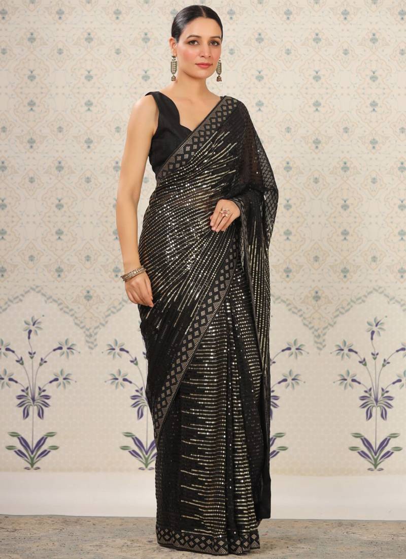 Vegaa Fashion Black Heavy Georgette Sequence Embroidery Saree - Distacart