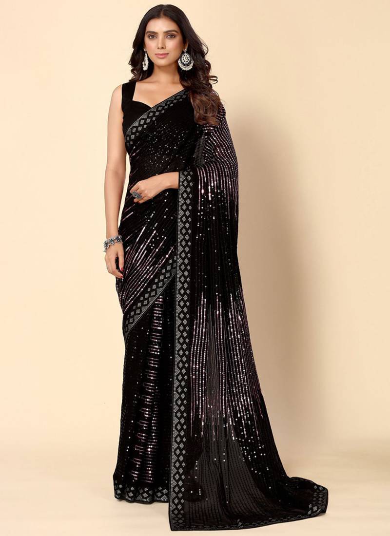 Vegaa Fashion Onion Pink Heavy Georgette Sequence Embroidery Saree - Distacart