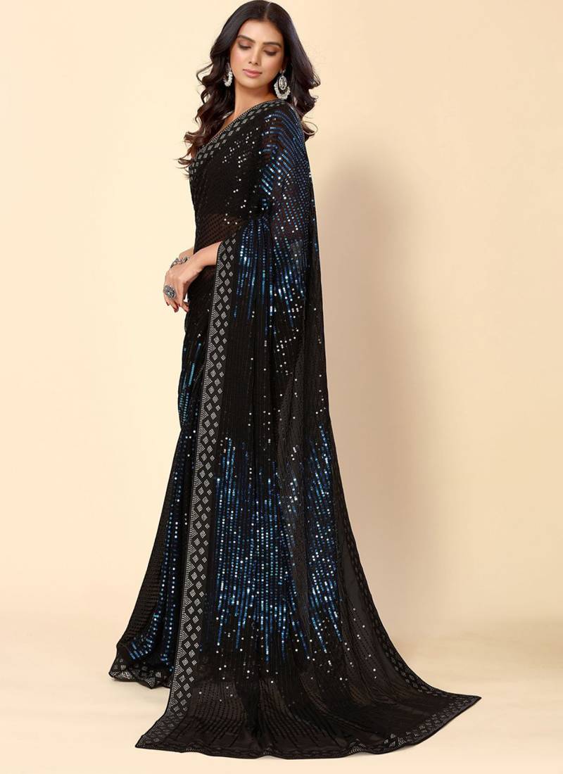 Vegaa Fashion Royal Blue Heavy Georgette Sequence Embroidery Saree - Distacart
