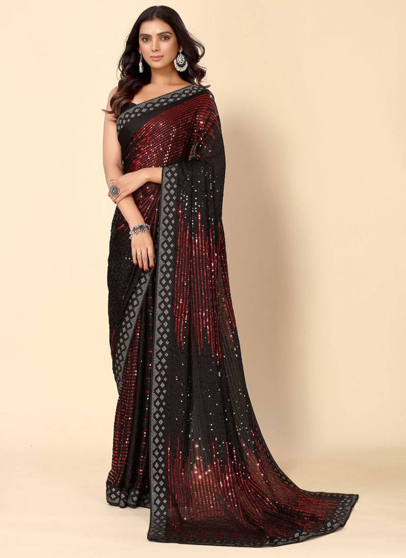Vegaa Fashion Maroon Heavy Georgette Sequence Embroidery Saree - Distacart