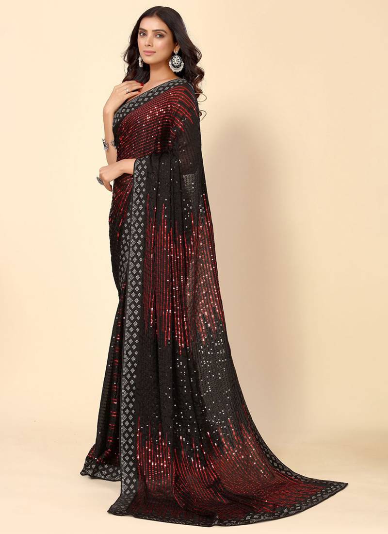 Vegaa Fashion Maroon Heavy Georgette Sequence Embroidery Saree - Distacart