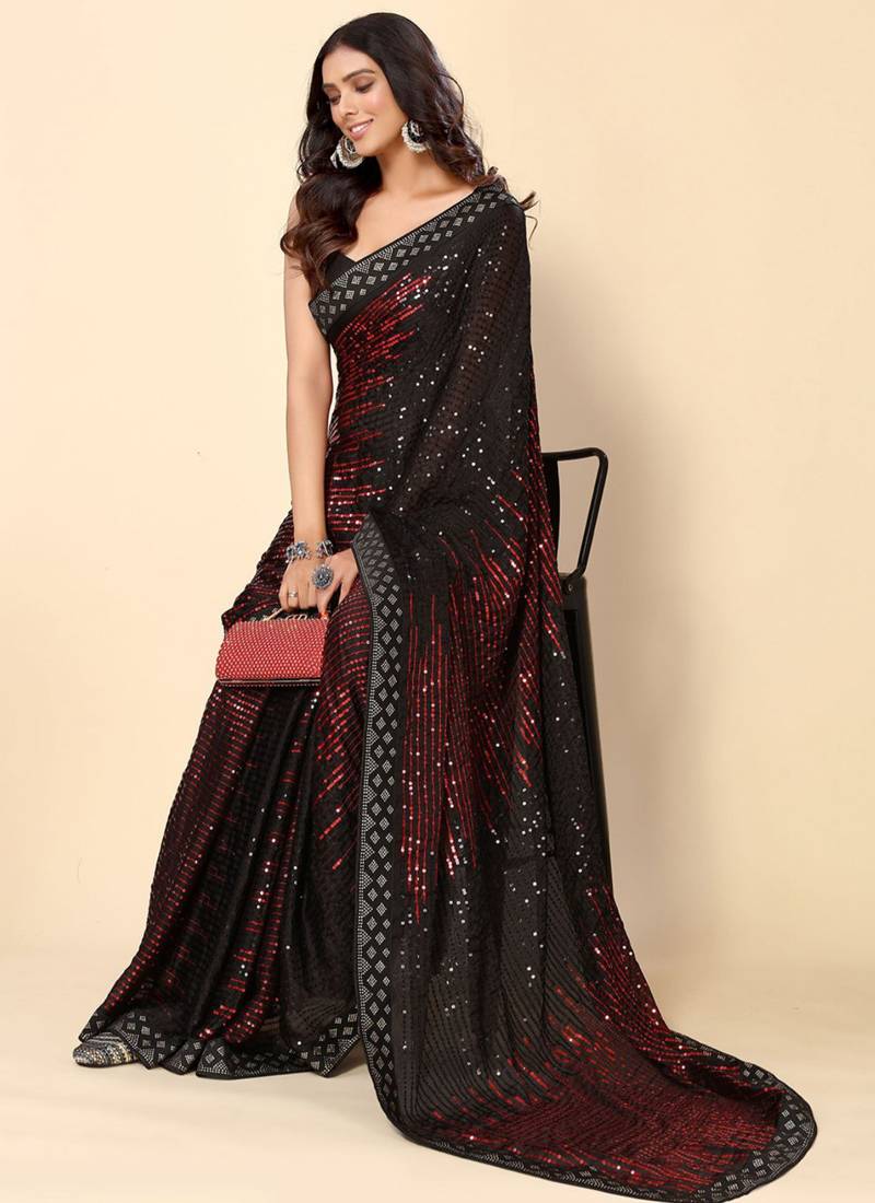Vegaa Fashion Maroon Heavy Georgette Sequence Embroidery Saree - Distacart
