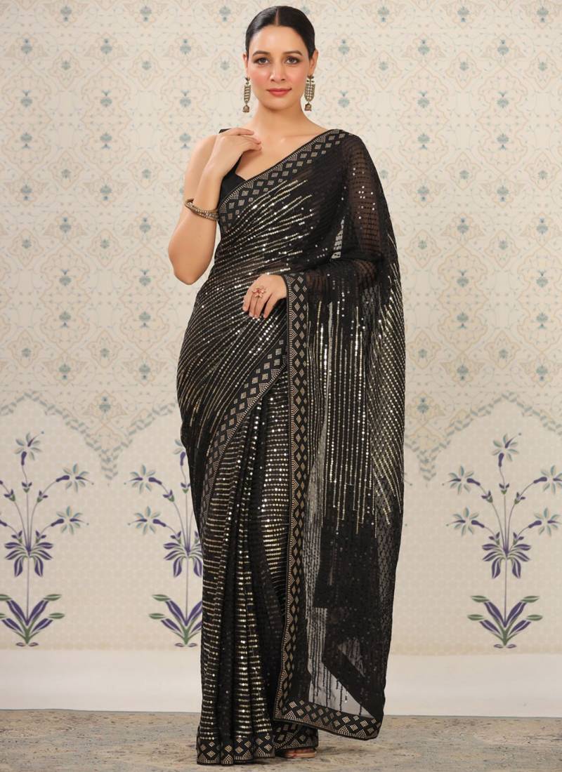 Vegaa Fashion Black Heavy Georgette Sequence Embroidery Saree - Distacart