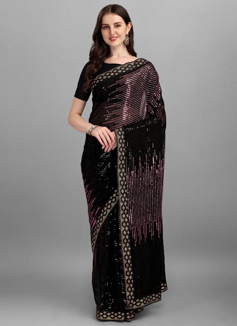 Vegaa Fashion Purple Heavy Georgette Sequence Embroidery Saree - Distacart