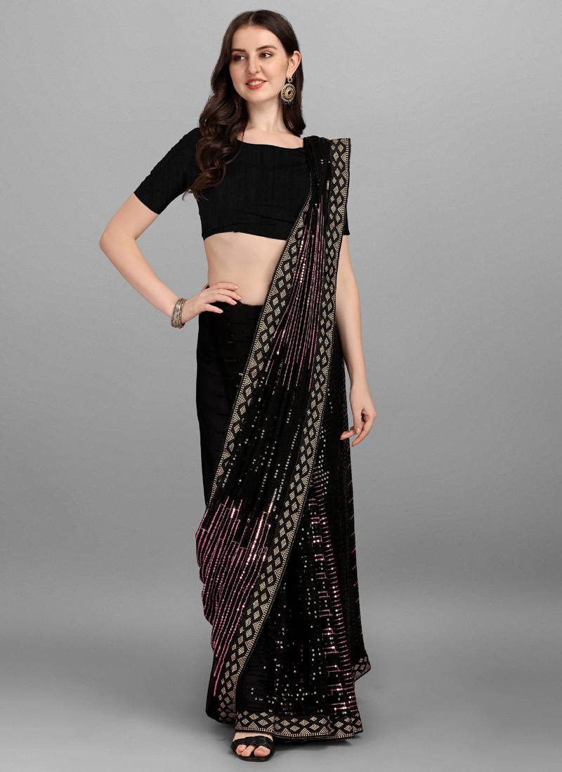 Vegaa Fashion Purple Heavy Georgette Sequence Embroidery Saree - Distacart