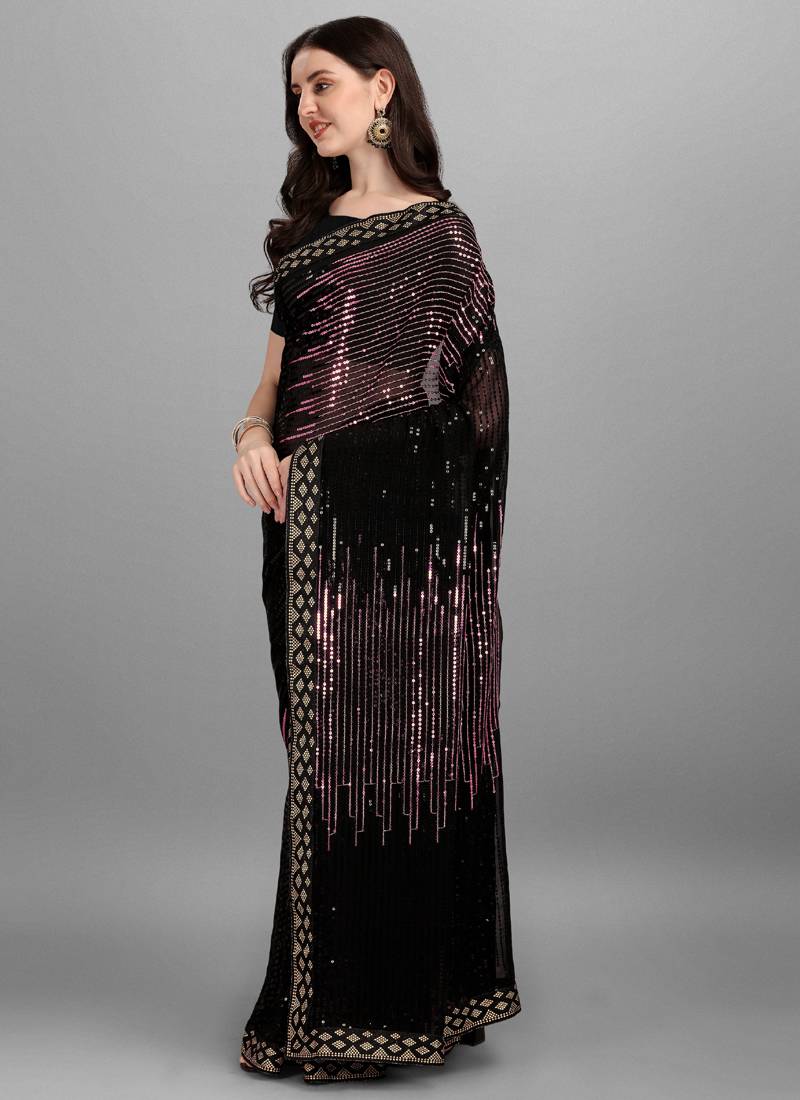 Vegaa Fashion Purple Heavy Georgette Sequence Embroidery Saree - Distacart