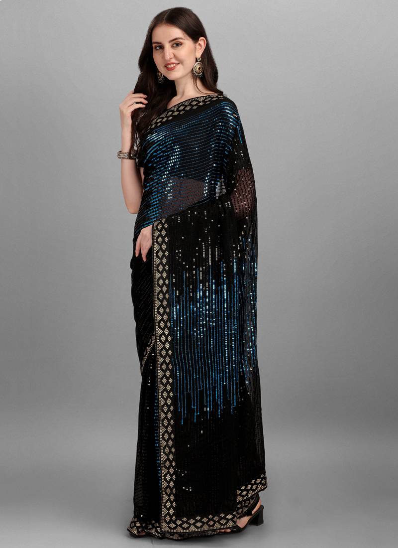 Vegaa Fashion Blue Heavy Georgette Sequence Embroidery Saree - Distacart