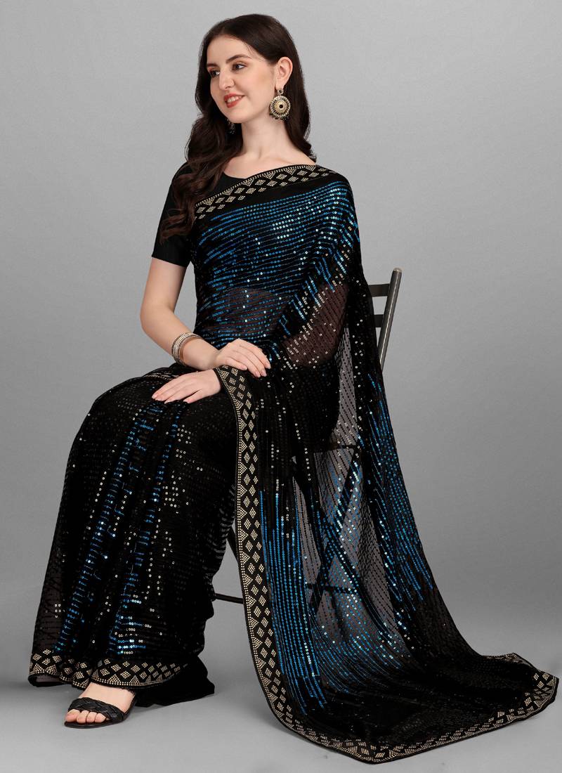Vegaa Fashion Blue Heavy Georgette Sequence Embroidery Saree - Distacart