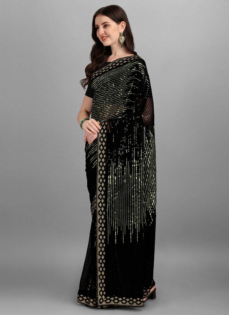 Vegaa Fashion Green Heavy Georgette Sequence Embroidery Saree - Distacart