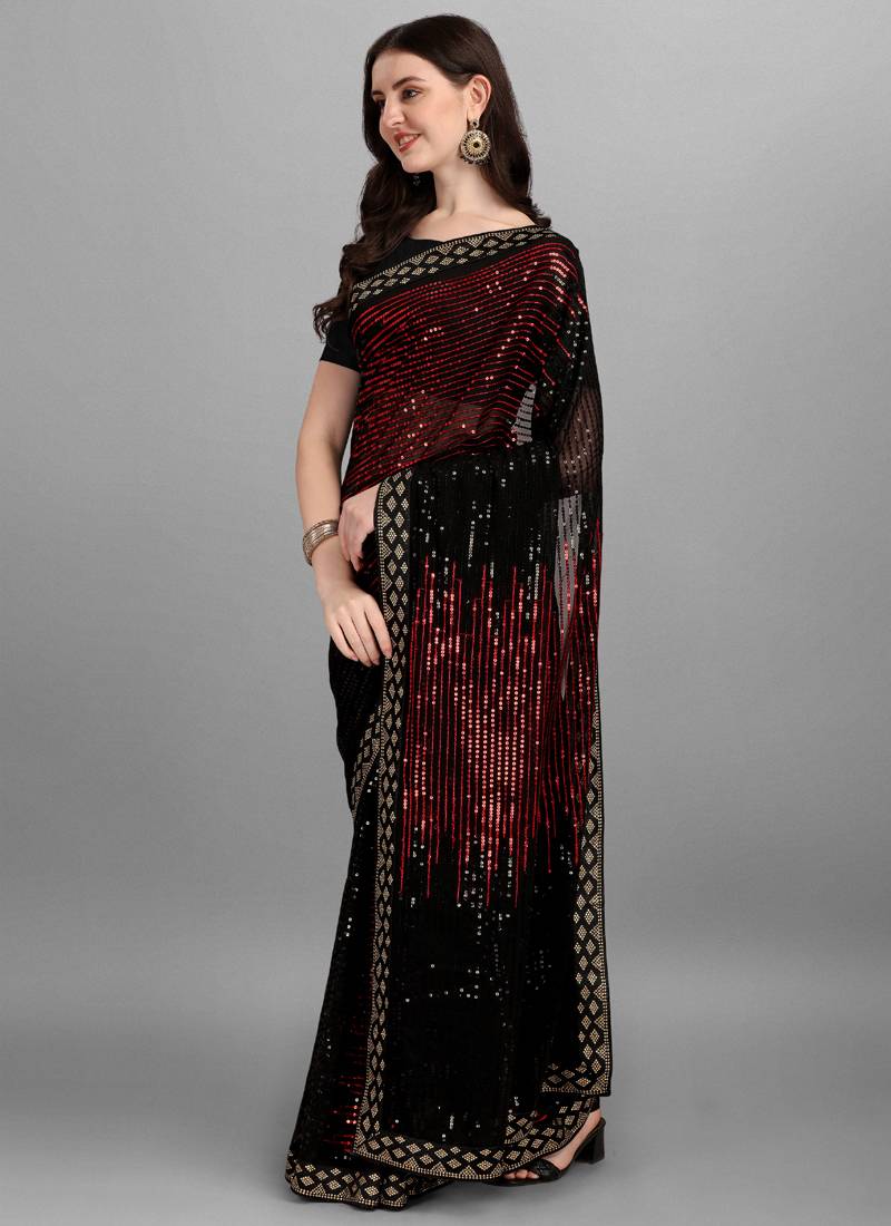 Vegaa Fashion Red Heavy Georgette Sequence Embroidery Saree - Distacart
