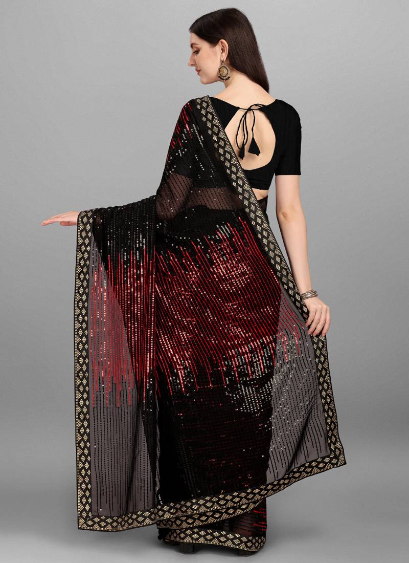 Vegaa Fashion Red Heavy Georgette Sequence Embroidery Saree - Distacart
