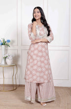 Miravan Women Brown Floral Printed Straight Ethnic Kurta with Palazzo