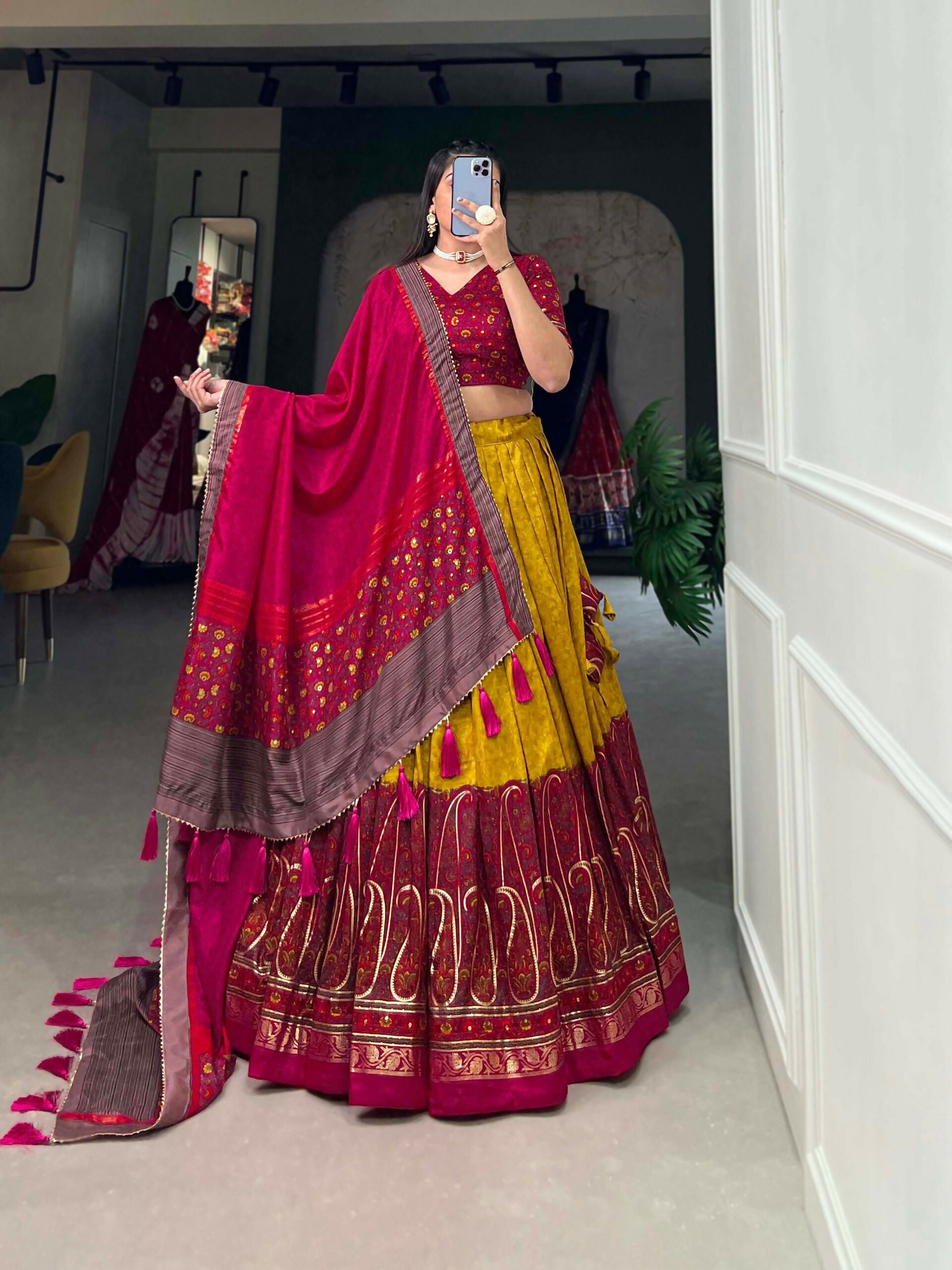 Vastranavya Kashmiri Print With Foil Print Lehenga with Unstitched Printed Blouse - Mustard