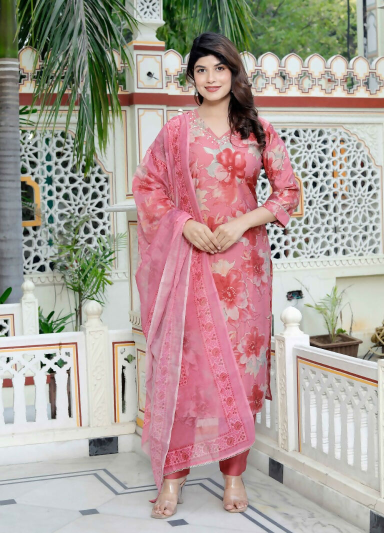 Miravan Women's Muslin Pink V-Neck Embroidered Kurta with Palazzo and Dupatta