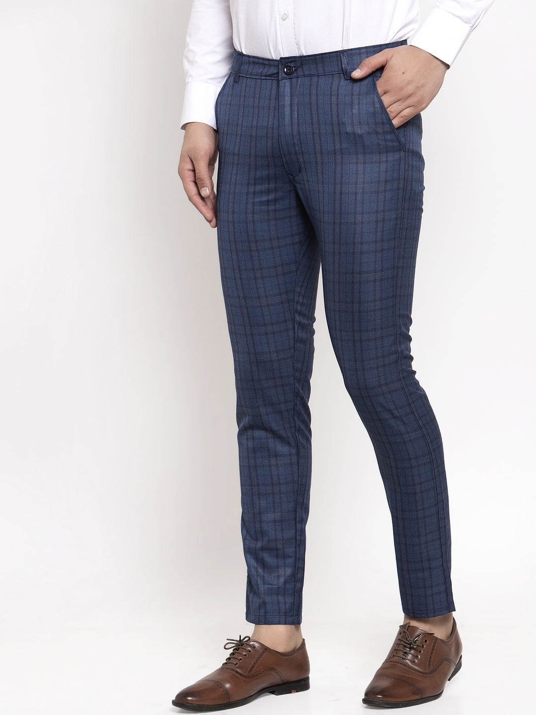 Jainish Men's Navy Cotton Checked Formal Trousers ( GP 259Navy-Blue ) - Distacart