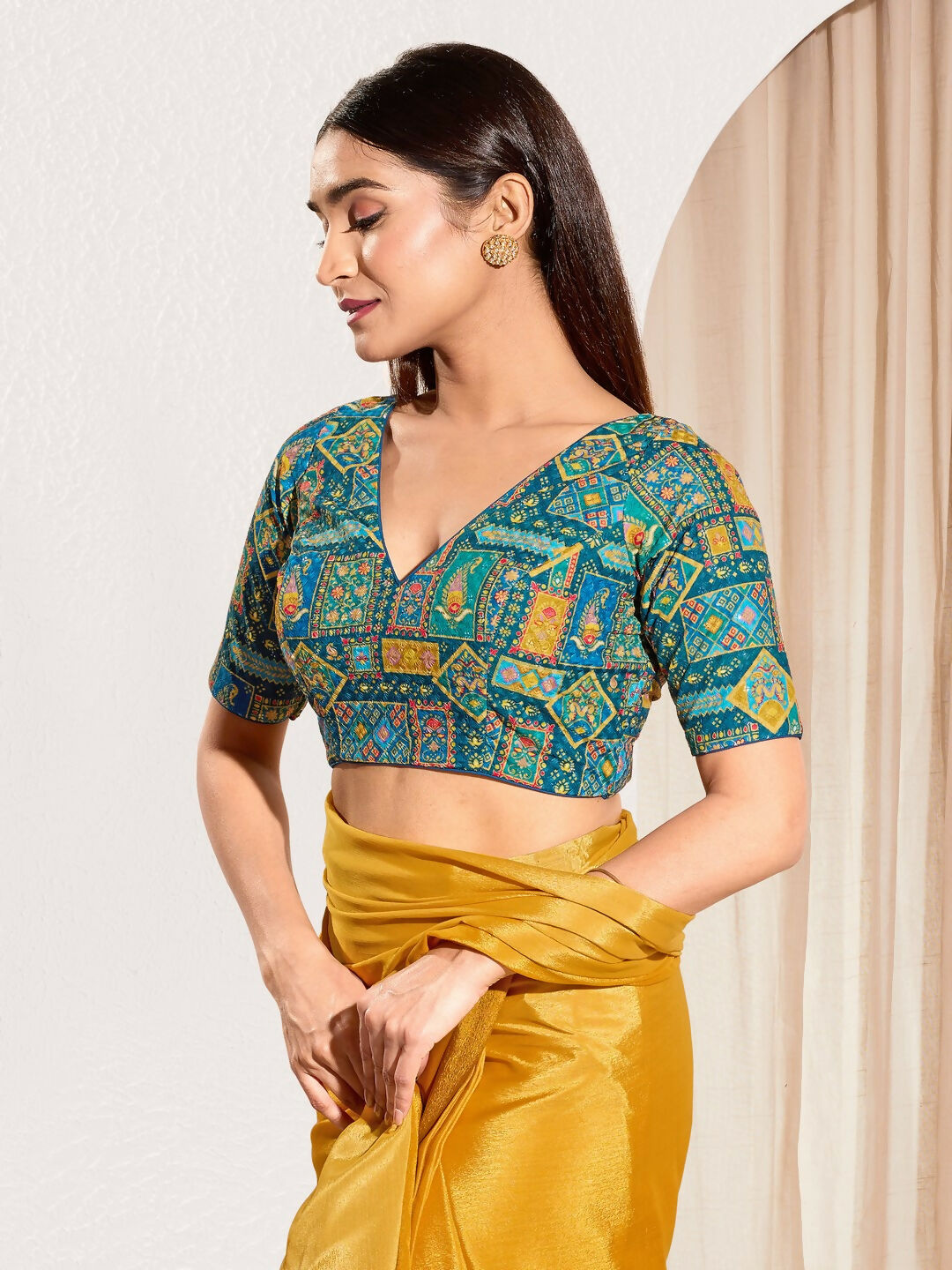 Joban Fashion Fire Blue Viscose Rayon Padded Blouse With V Neck Elbow Sleeves - Distacart