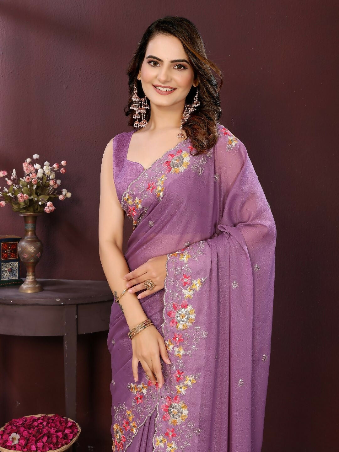 Ai Fashion Light Purple Soft Star Georgette Embroidery Party Wear Saree - Distacart