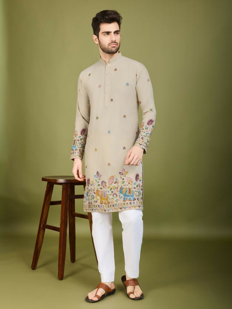 Vastranavya Ivory Exclusive Festival Wear Cotton Sequence Embroidered & Thread Work Kurta
