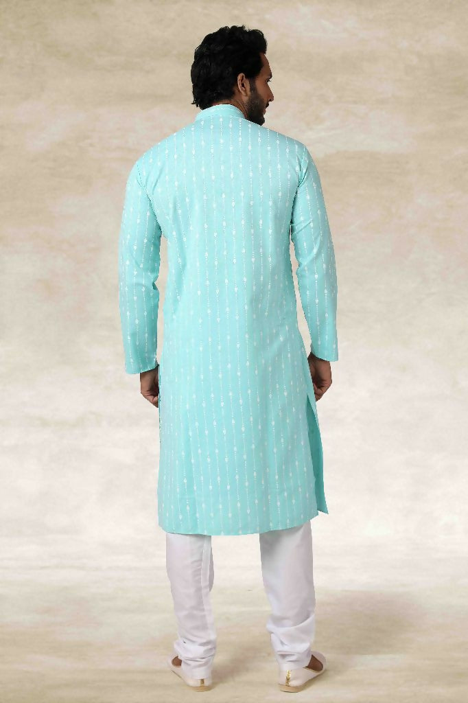 Raivat Ethnic Cotton Printed Work Kurta Pajama In Sky Blue Colour