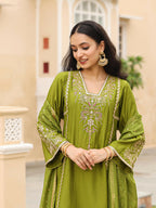 Juniper Women's The Swarn Mehndi Green Thread Embroidered Viscose Kurta Pant And Dupatta With Mirror & Zari work