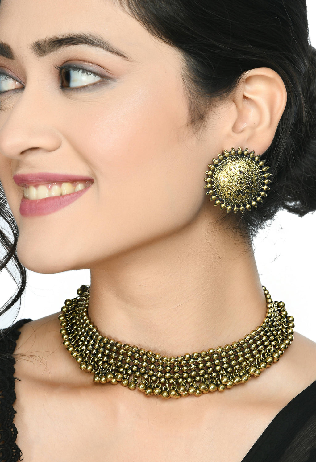 Mominos Fashion Johar Kamal Oxidised Gold-Plated Brass Finish Ghungroo Design Choker Set - Distacart