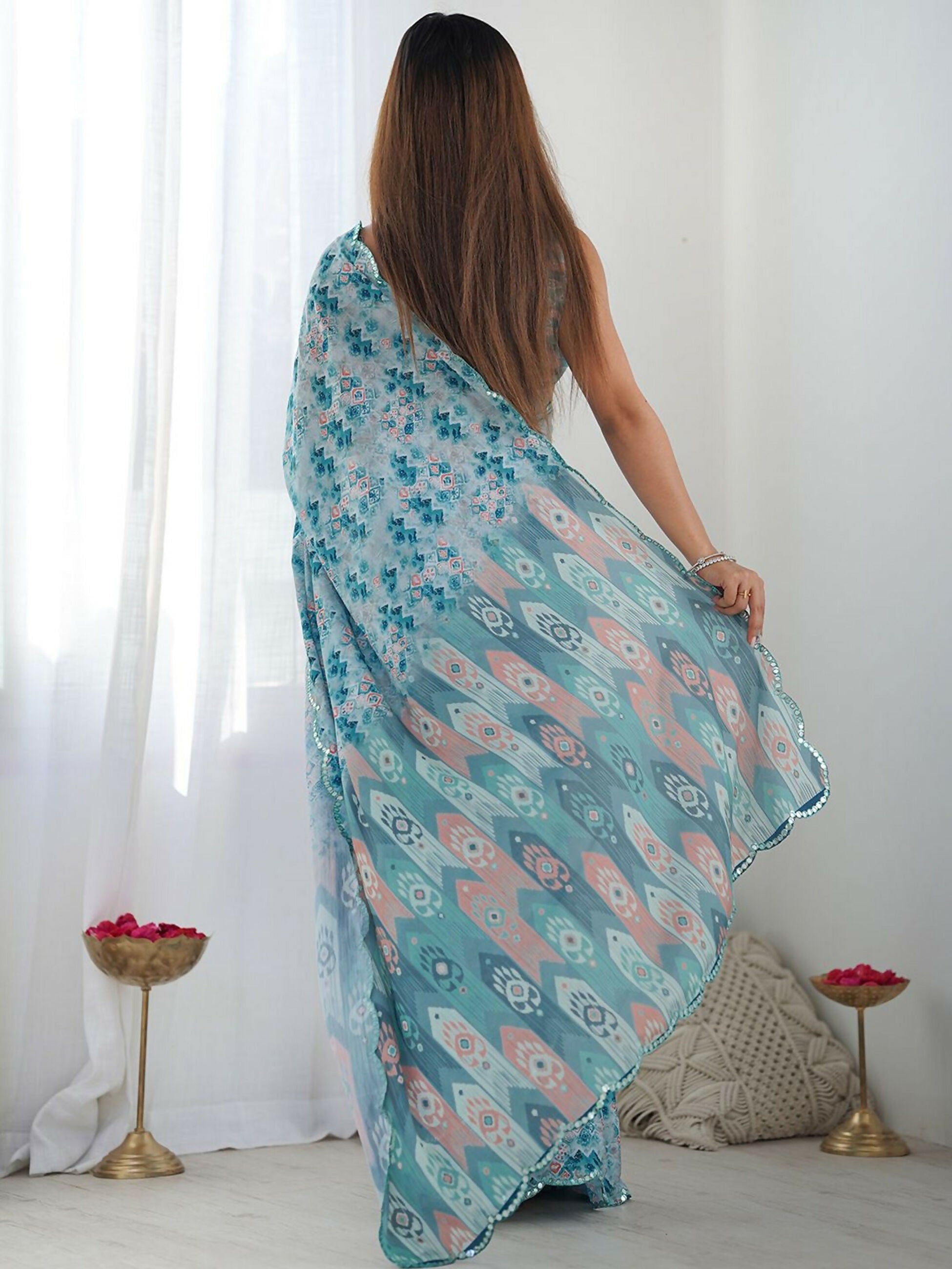 Designer Partywear Georgette Morpich Blue Saree Fancy - Durga