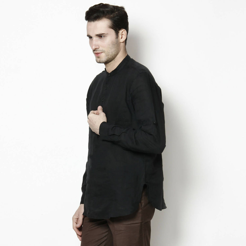 Even Apparels Black Linen Linen Men's Kurta With Band Collar - Distacart