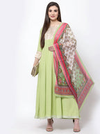 Myshka Women's Green Rayon Printed 3/4 Sleeve Round Neck Casual Anarkali Dupatta Set