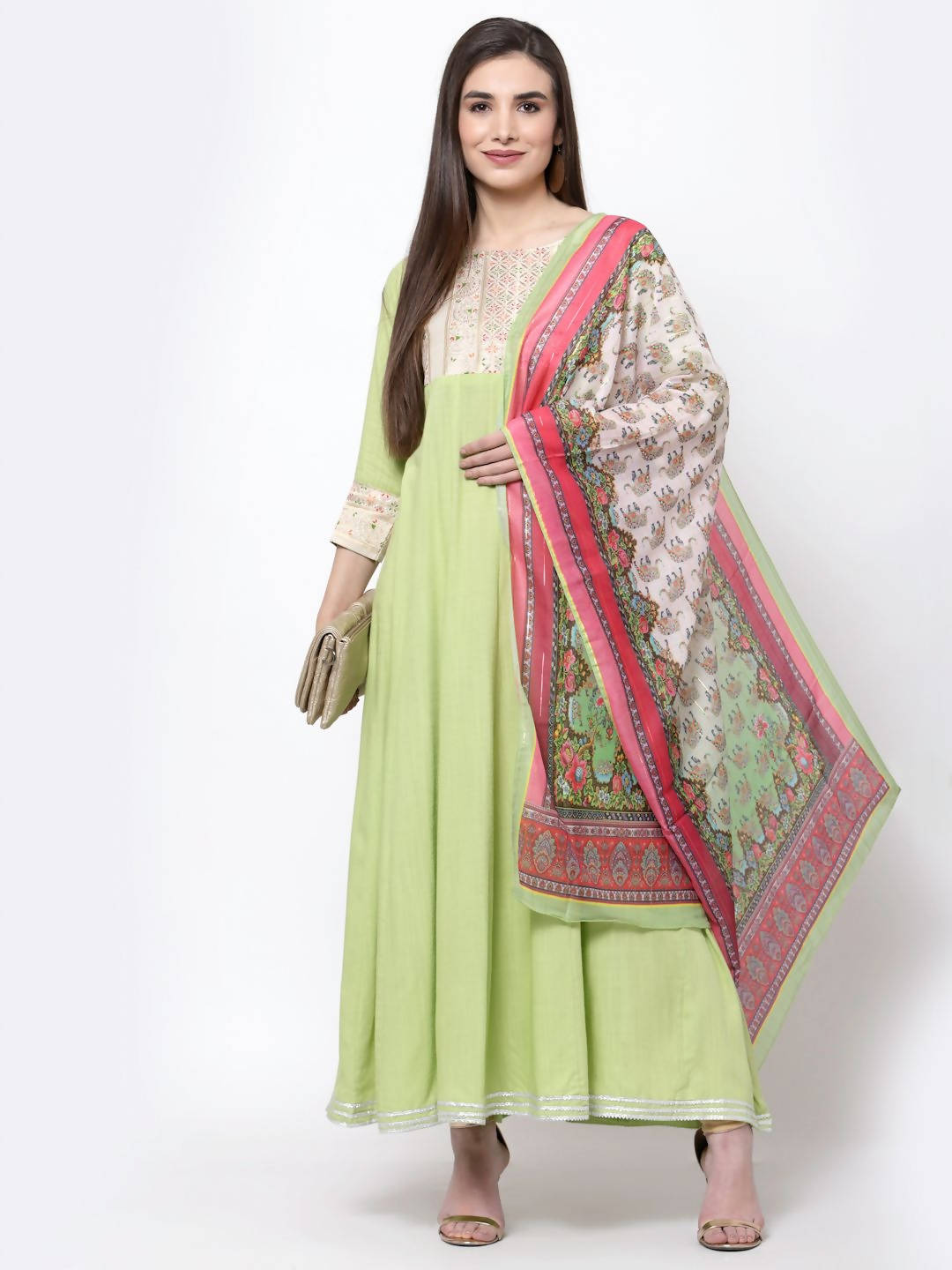 Myshka Women's Green Rayon Printed 3/4 Sleeve Round Neck Casual Anarkali Dupatta Set