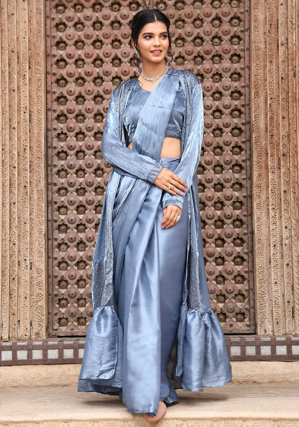 Sky Blue Tom Silk Plain Ready To Wear Saree With Stitched Blouse - Satiksha