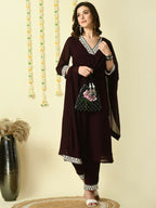 Myshka Women's Coffee Brown Georgette Kurta & Trousers With Dupatta Party Sets
