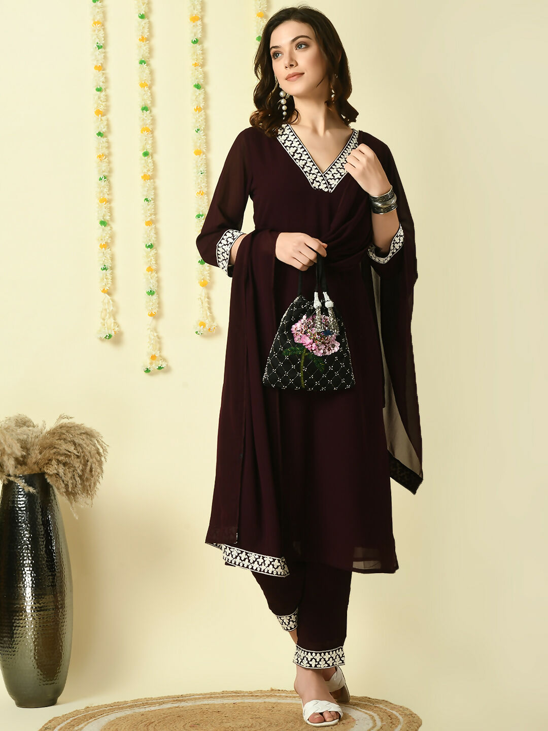 Myshka Women's Coffee Brown Georgette Kurta & Trousers With Dupatta Party Sets