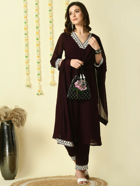 Myshka Women's Coffee Brown Georgette Kurta & Trousers With Dupatta Party Sets